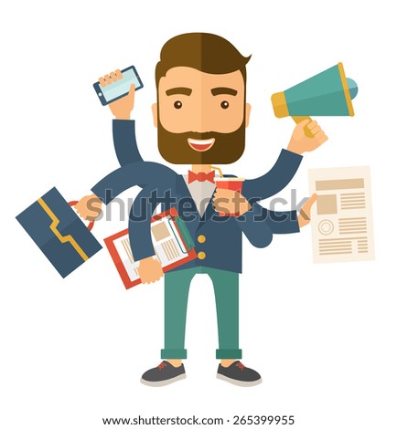 A young happy hipster Caucasian with beard has six arms doing multiple office tasks at once as a symbol of the ability to multitask, performing multiple task simultaneously. Multitasking concept.