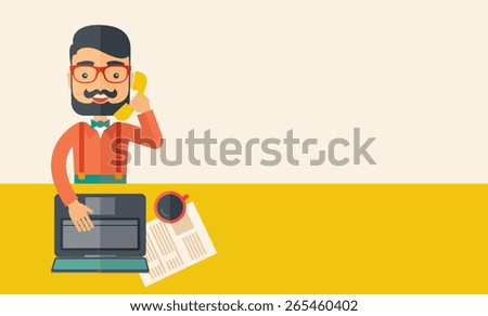 Hipster Caucasian online customer service operator with beard smiling while talking to his customer inside his office. Business communication concept. A contemporary style with pastel palette, beige