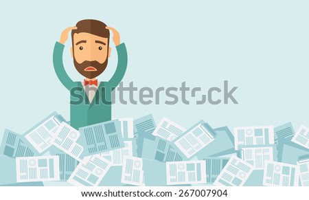 A hipster Caucasian man has a lot of works to do with those papers infront of him, problem on how to meet the deadline of his report. Disappointment concept. A contemporary style with pastel palette