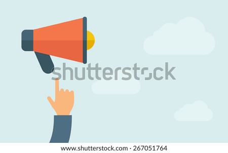 A hand pointing to megaphone. A contemporary style with pastel palette, light blue cloudy sky background. Vector flat design illustration. Horizontal layout with text space on right part.