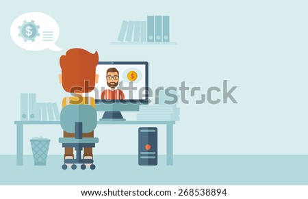 Man sitting inside his office facing backward while the other man is inside the computer, communicate each other discussing about business by using the internet thru skype video. Communication concept