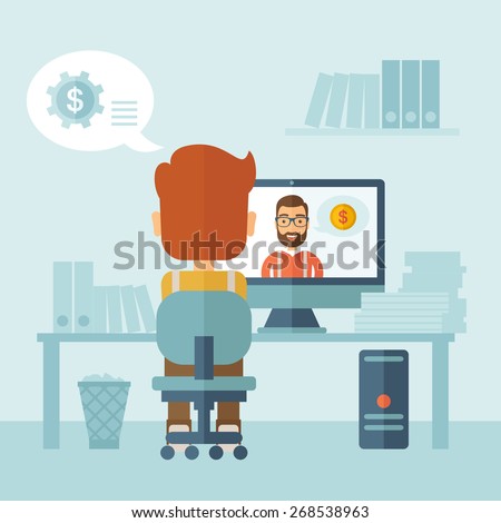 Man sitting inside his office facing backward while the other man is inside the computer, communicate each other discussing about business by using the internet thru skype video. Communication concept