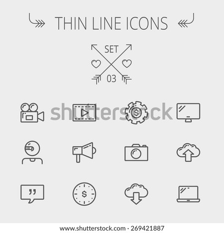 Technology thin line icon set for web and mobile. Set includes - laptop, monitor,video camera, megaphone, web camera, gear, camera, clouds up and down. Modern minimalistic flat design. Vector dark