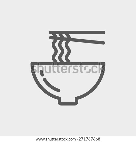 Bowl of noodles with a pair of chopsticks icon thin line for web and mobile, modern minimalistic flat design.  Vector dark grey icon on light grey background.