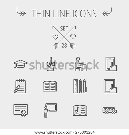 Education thin line icon set for web and mobile. Set includes- graduation cap, notepad with pen, certificate, bell, book, music book,teacher, blackboard, school supplies icons. Modern minimalistic