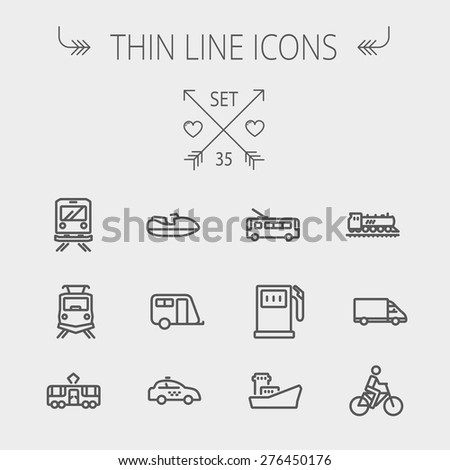 Transportation thin line icon set for web and mobile. Set includes- gas pump, vessel, car, train, bus, boat  icons. Modern minimalistic flat design. Vector dark grey icons on light grey background.