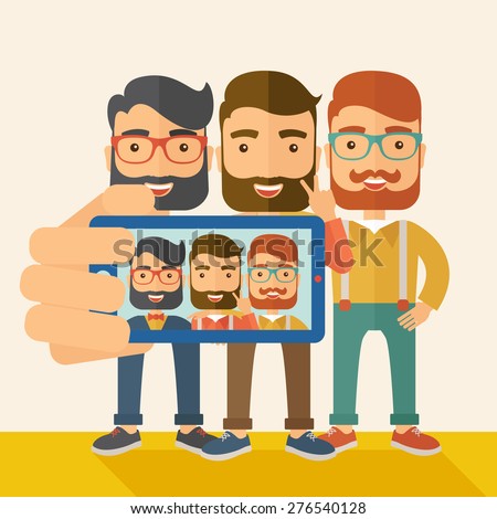 A three happy men taking a selfie using smartphone. A Contemporary style with pastel palette, soft beige tinted background. Vector flat design illustration. Square layout.