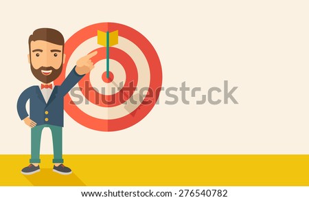 A Caucasian salesman happy standing while his hand pointing to the arrow from target pad shows that he hit his target sales. Business concept. A Contemporary style with pastel palette, soft beige