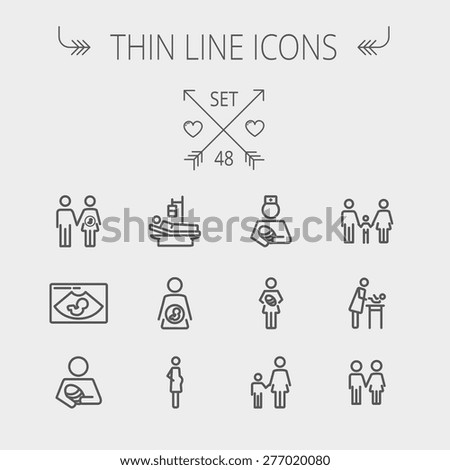 Medicine thin line icon set for web and mobile. Set includes- sick person, pregnant, wife and husband, ultrasound, baby, nurse, family, siblings icons. Modern minimalistic flat design. Vector dark