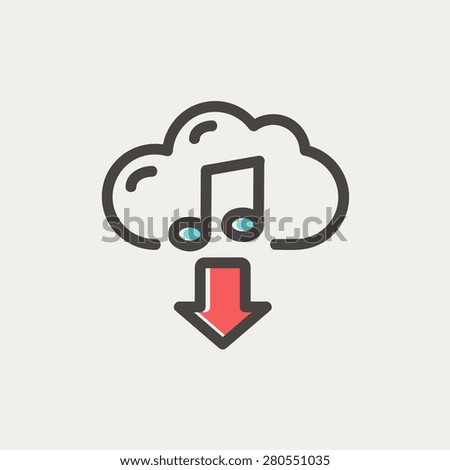 Music downloading icon thin line for web and mobile, modern minimalistic flat design. Vector icon with dark grey outline and offset colour on light grey background.