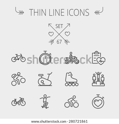 Sports thin line icon set for web and mobile. Set includes- stopwatch, skatboeard, bicycle, mountain bike, motorbike, roller skate, heart and time, winners icons. Modern minimalistic flat design