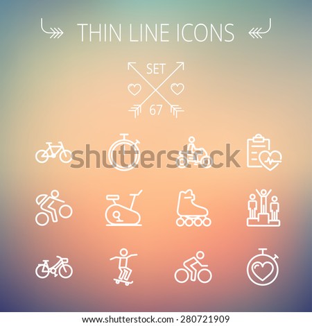 Sports thin line icon set for web and mobile. Set includes- stopwatch, skatboeard, bicycle, mountain bike, motorbike, roller skate, heart and time, winners icons. Modern minimalistic flat design