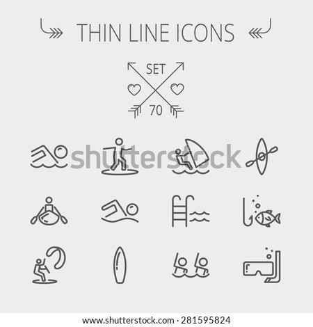 Sports thin line icon set for web and mobile. Set includes- wind surfing, pool, swimming, surfboarding, kayak, wind surf, snorkeling, fishing icons. Modern minimalistic flat design. Vector dark grey