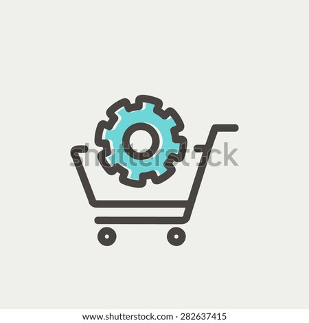 Shopping cart with gear icon thin line for web and mobile, modern minimalistic flat design. Vector icon with dark grey outline and offset colour on light grey background.