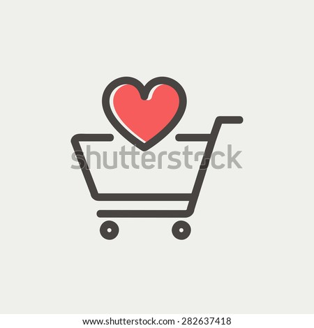 Shopping cart with heart icon thin line for web and mobile, modern minimalistic flat design. Vector icon with dark grey outline and offset colour on light grey background.