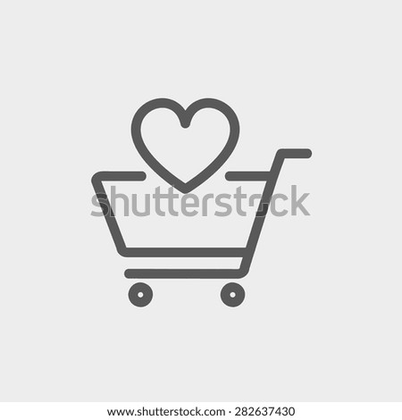 Shopping cart with heart icon thin line for web and mobile, modern minimalistic flat design. Vector dark grey icon on light grey background.