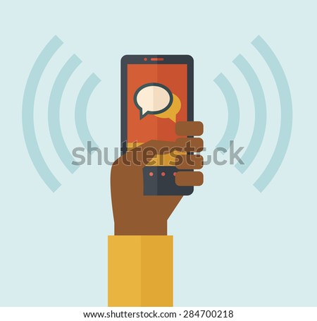 A hand holding a smartphone vibrating. A contemporary style with pastel palette soft blue tinted background. Vector flat design illustration. Square layout.   