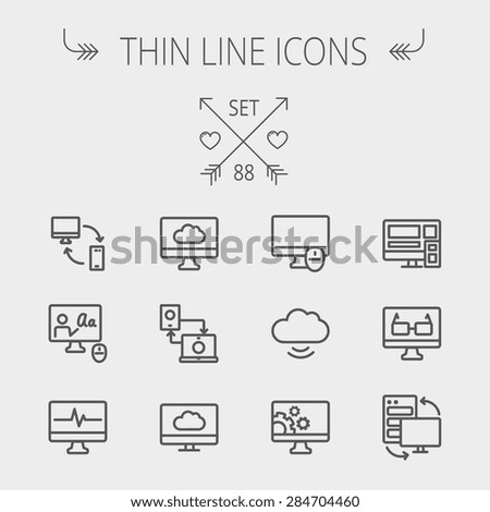 Technology thin line icon set for web and mobile. Set includes - monitors, smartphone, cloud, mouse, wifi, gear, speaker. Modern minimalistic flat design. Vector dark grey icon on light grey