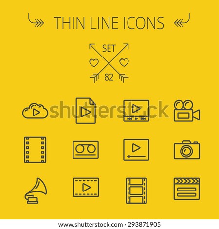 Multimedia thin line icon set for web and mobile. Set includes- phonograph, video camera, clapboard, film, strips, cloud, cassette, tape, arrow, forward icons. Modern minimalistic flat design. Vector