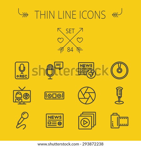 Multimedia thin line icon set for web and mobile. Set includes- for recording only sign, microphone, newspaper, newscaster, casette player icons. Modern minimalistic flat design. Vector dark grey icon