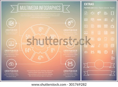 Multimedia infographic template and elements. The template includes the following set of icons - turntable, shutter, speaker, video camera, cassette recorder and more. Modern minimalistic flat thin