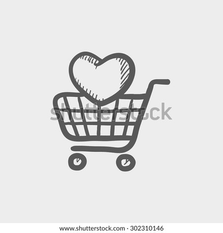 Shopping cart with heart sketch icon for web and mobile. Hand drawn vector dark grey icon on light grey background.