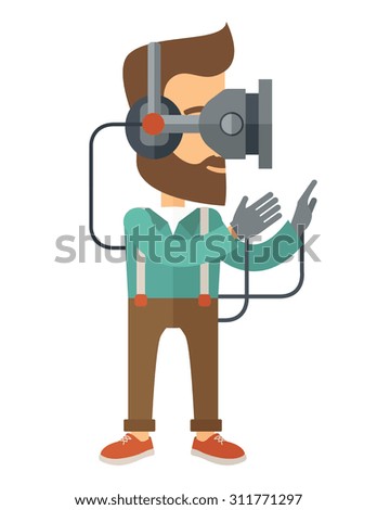 A caucasian wearing a virtual relaity headset. Vector flat design isolated on white background.