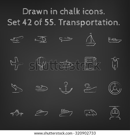 Transpotration icon set hand drawn in chalk on a blackboard vector white icons on a black background.