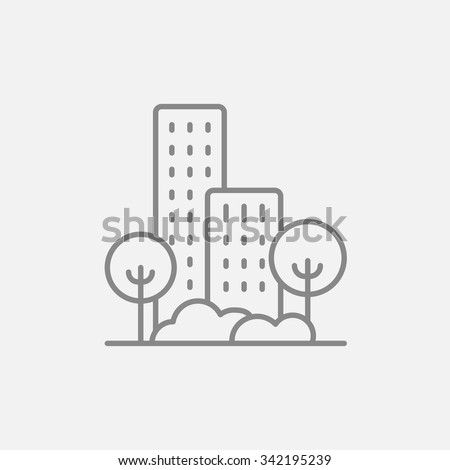 Residential building with trees line icon for web, mobile and infographics. Vector dark grey icon isolated on light grey background.