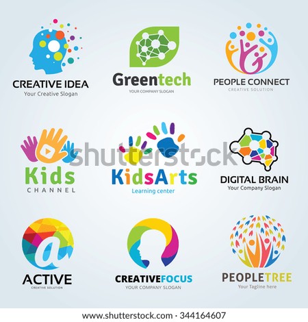 
Logo set Kids arts and creative brain idea symbols collection for family, Ecology, Green technology, People colorful icons, vector brand identity concept.
