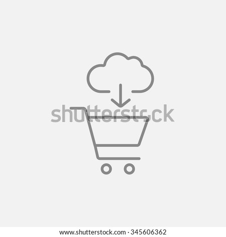 Cloud with arrow pointing at shopping cart line icon for web, mobile and infographics. Vector dark grey icon isolated on light grey background.