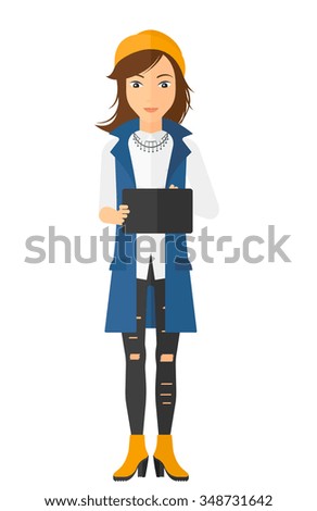 A caucasian young woman standing with tablet computer in hands vector flat design illustration isolated on white background. Vertical layout.
