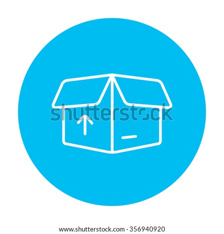 Open carton package box with arrow up line icon for web, mobile and infographics. Vector white icon on the light blue circle isolated on white background.