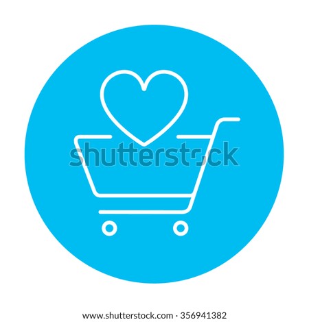 Shopping cart with heart shape line icon for web, mobile and infographics. Vector white icon on the light blue circle isolated on white background.