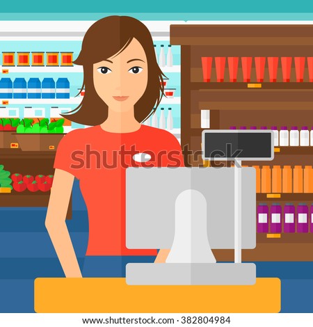 Saleslady standing at checkout.