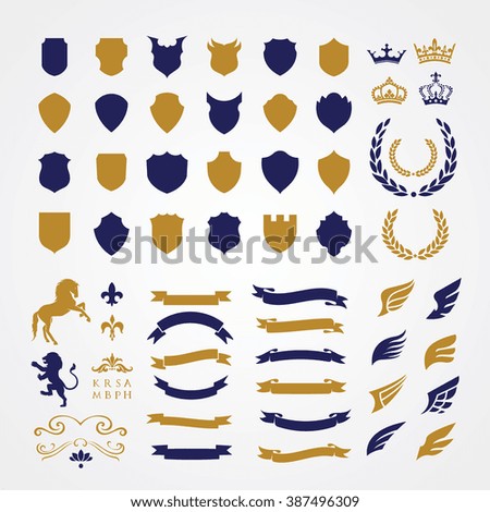 Luxury Heraldic Crests Logo Element Set. Vintage laurel wreaths, Ribbon and Wing icons