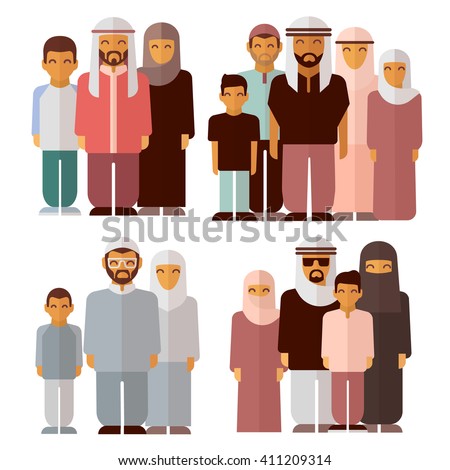 Arabic family in traditional muslim clothes. Muslim family, muslim traditional people, muslim culture. Vector illustration