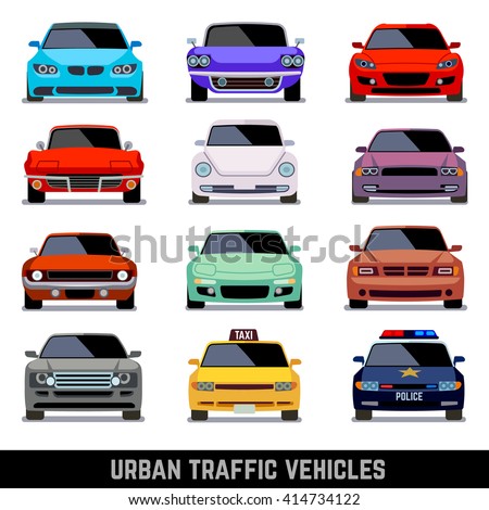 Urban traffic vehicles, car icons in flat style. Model car, police car and vehicle urban car. Vector illustration