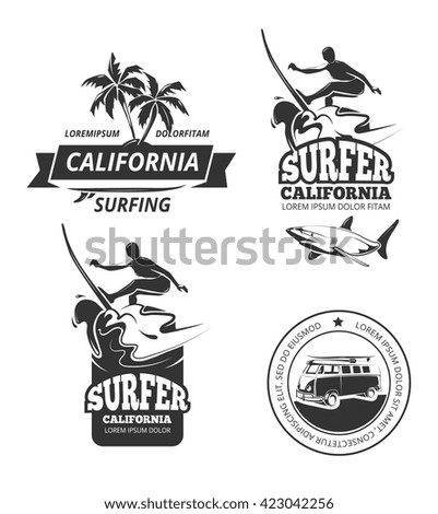 Surfing logo set. Vector surfing labels or surfing sport badges with palm trees and