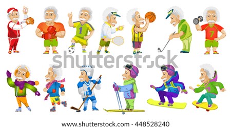 Vector set of old man wearing sport uniform and using sports equipment. Old man is playing football, hockey, baseball, basketball, tennis, golf. Vector illustration isolated on white background.