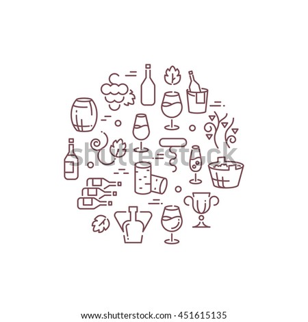 Wine vector logo with outline icons. Outline logo with wine, illustration bottle of wine and accessories