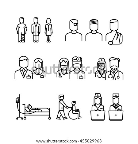 Doctor, patient, nurse thin line icons. Set of linear style doctor and nurse, vector woman and man doctors illustration