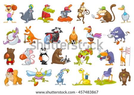 Set of colourful animals wearing uniform and using sports equipment. Animals playing basketball, baseball, rugby, football, golf, riding bicycle. Vector illustration isolated on white background.