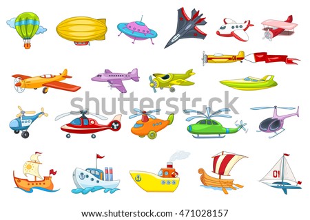 Set of air and water transport vehicles illustrations. Collection of air balloon, various planes, flying saucer, helicopters, sea craft, ship, boat. Vector illustration isolated on white background.