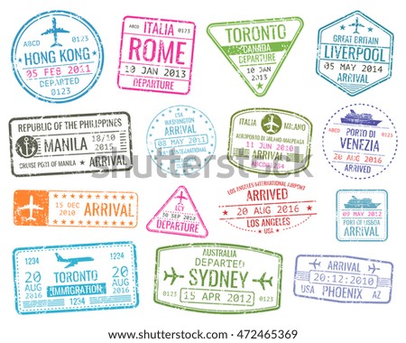 International business travel visa stamps vector arrivals sign. Set of variety rubber stamp city illustration