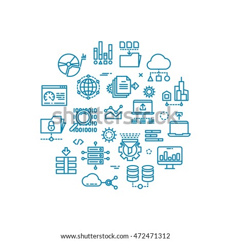 Big computer data outline vector icons in circle design. Web connect and process transfer and storage document illustration