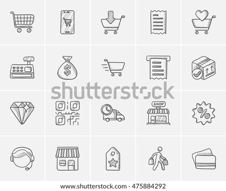 Shopping sketch icon set for web, mobile and infographics. Hand drawn shopping icon set. Shopping vector icon set. Shopping icon set isolated on white background.