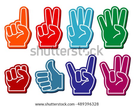 Foam fingers vector set. Gesture victory and souvenir accessory illustration