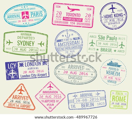 International travel visa passport stamps vector set. Paris and toronto, hong kong and port of amsterdam illustration