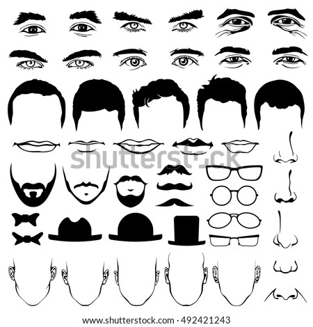 Man face eyes and noses, mustaches and glasses, hats and lips, ties and beards. Man head vector illustration elements